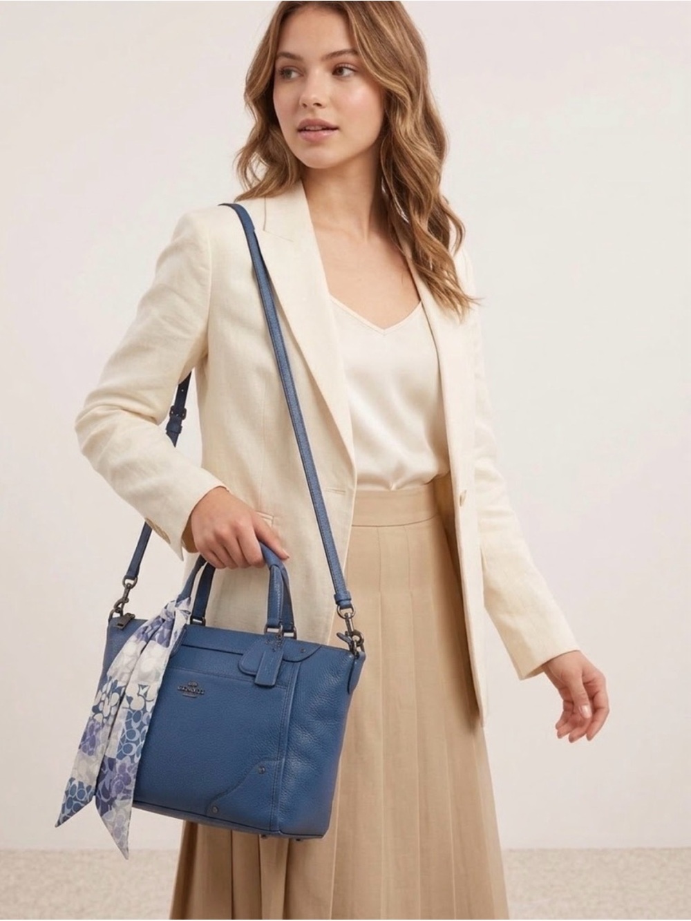 COACH Mickie Satchel F34040 Blue Grain Leather Crossbody Shoulder Bag Purse